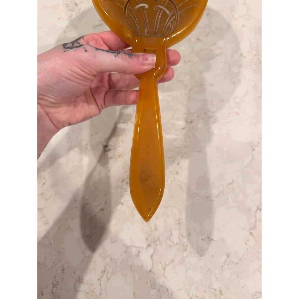 Vintage Art Deco MCM Butterscotch Celluloid Hand Mirror Etched Amber‎ Vanity